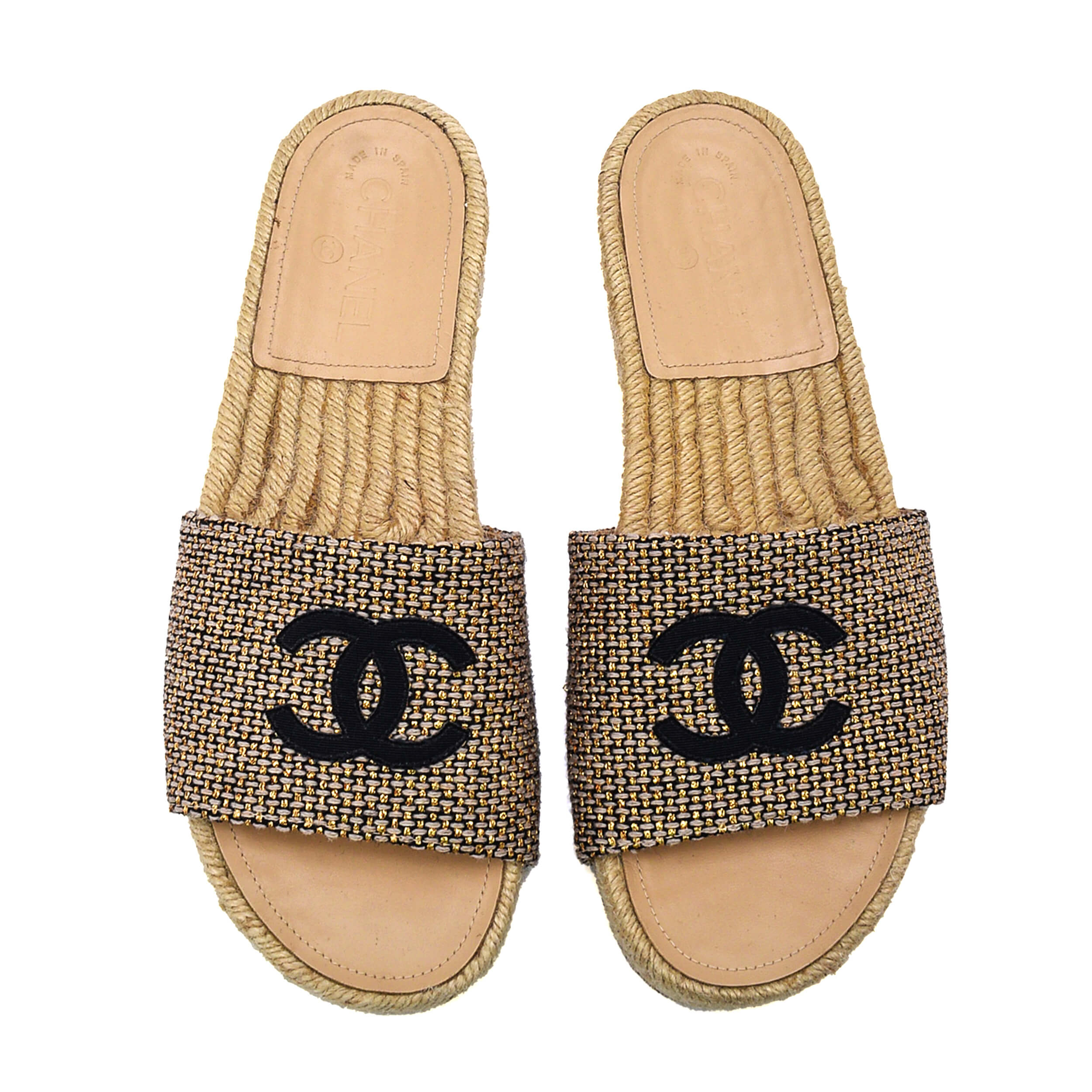 Chanel - Beige&Gold Shiny Knitted CC Sandals